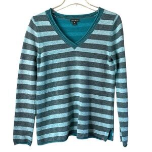 Eddie Bauer Turquoise Gray Striped V-neck Sweater Long Sleeves Size Small